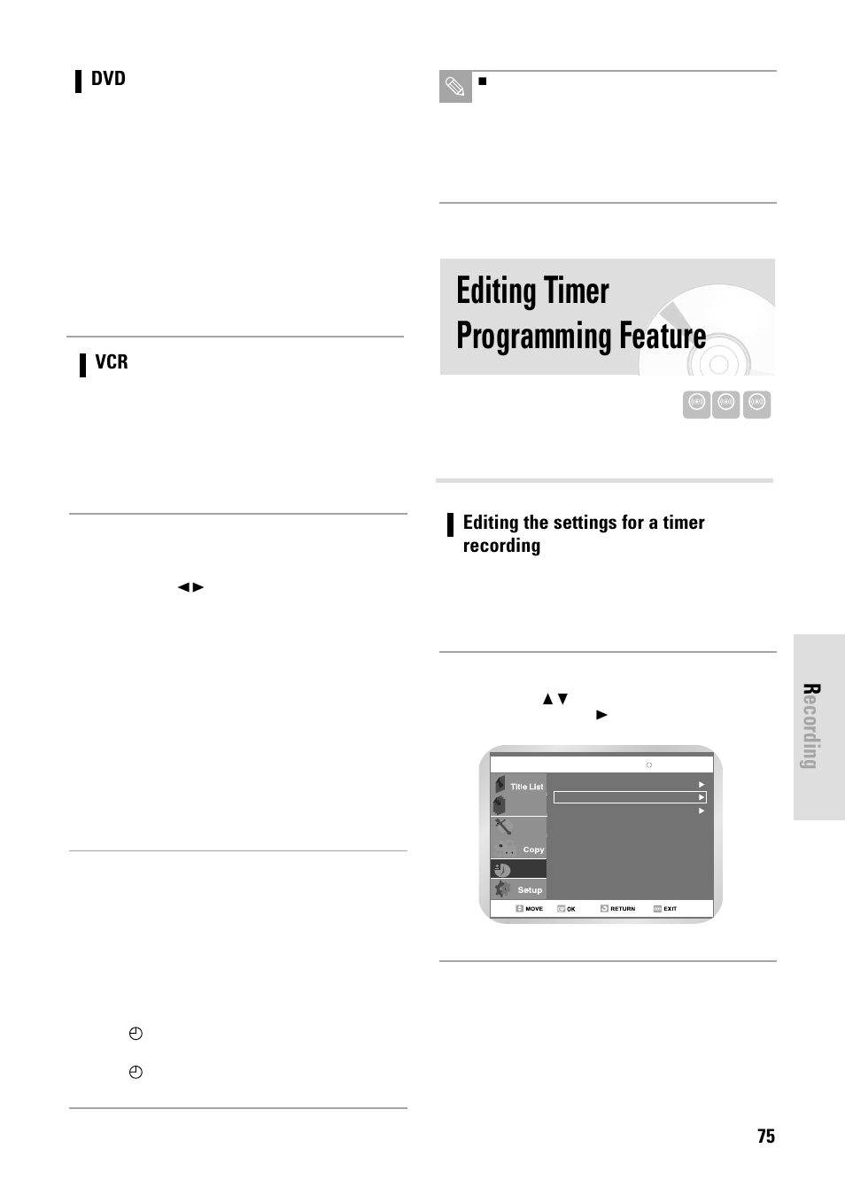 Editing timer programming feature, Recording, English - 75 | Press the ok button, Editing the settings for a timer recording | Toshiba D-VR3SB User Manual | Page 75 / 110