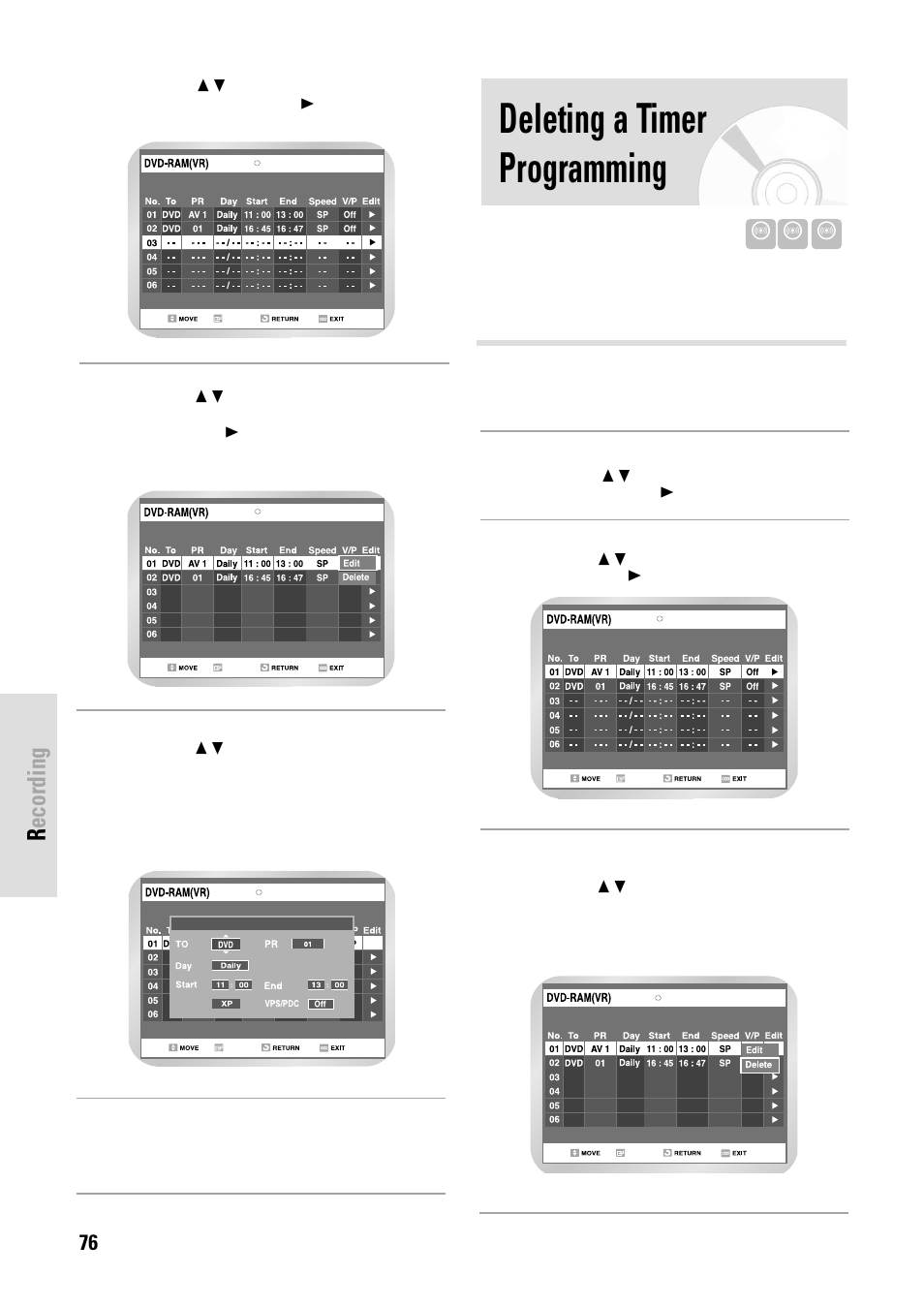 Deleting a timer programming, Recording, 76 - english | Toshiba D-VR3SB User Manual | Page 76 / 110