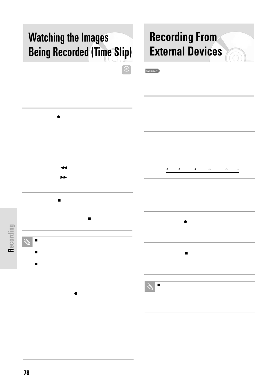 Watching the images being recorded (time slip), Recording from external devices, Recording | 78 - english | Toshiba D-VR3SB User Manual | Page 78 / 110