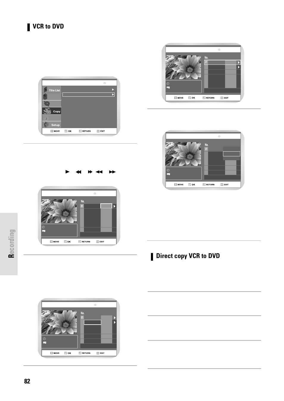 Recording, 82 - english, Press ok button to select the start position | Select the end position in the same way, Vcr to dvd select vcr --> dvd to copy vcr to dvd, Direct copy vcr to dvd | Toshiba D-VR3SB User Manual | Page 82 / 110