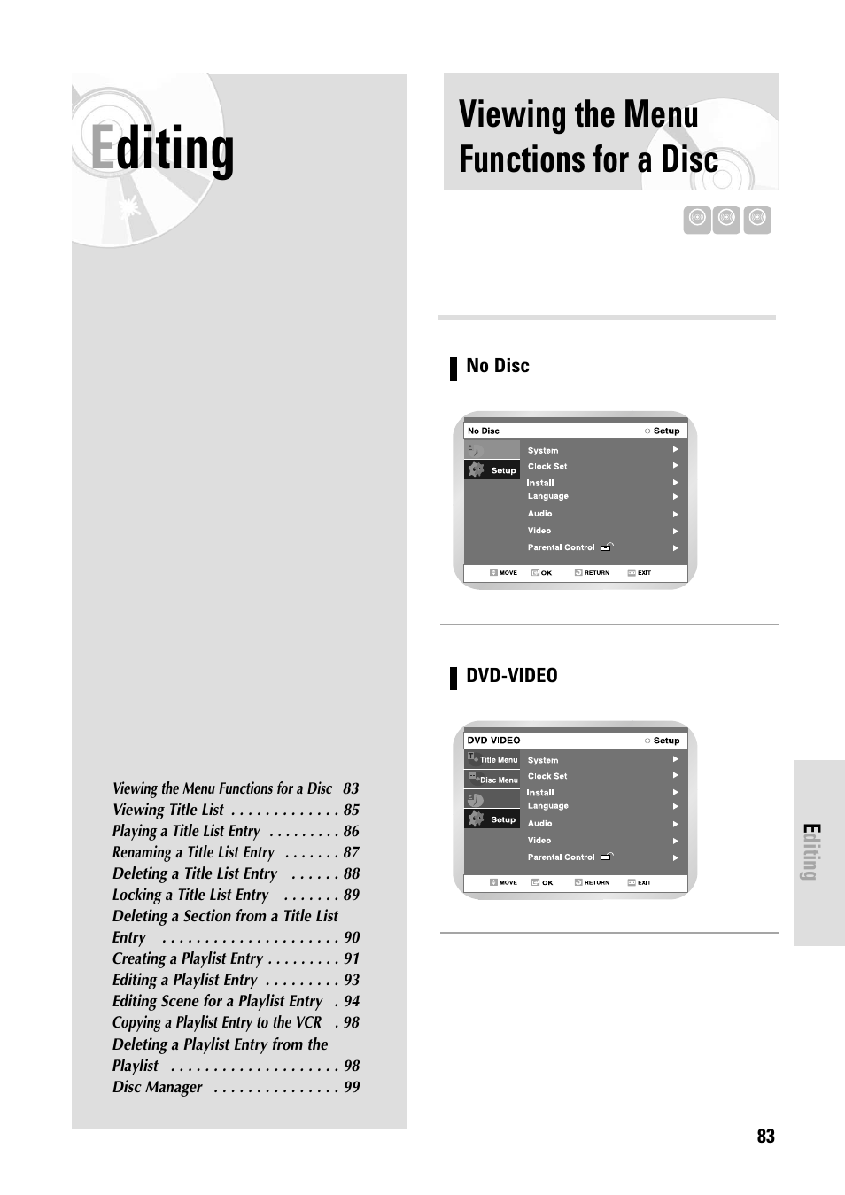 Viewing the menu functions for a disc, Editing | Toshiba D-VR3SB User Manual | Page 83 / 110