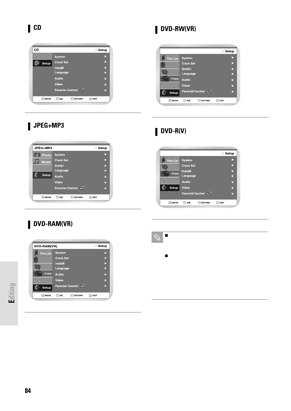 Editing, 84 - english, Jpeg+mp3 | Dvd-ram(vr), Dvd-rw(vr), Dvd-r(v) | Toshiba D-VR3SB User Manual | Page 84 / 110