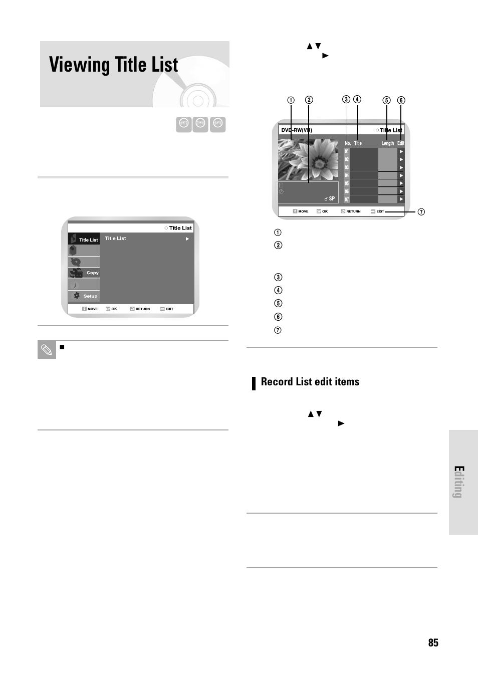 Viewing title list, Editing, English - 85 | Record list edit items | Toshiba D-VR3SB User Manual | Page 85 / 110