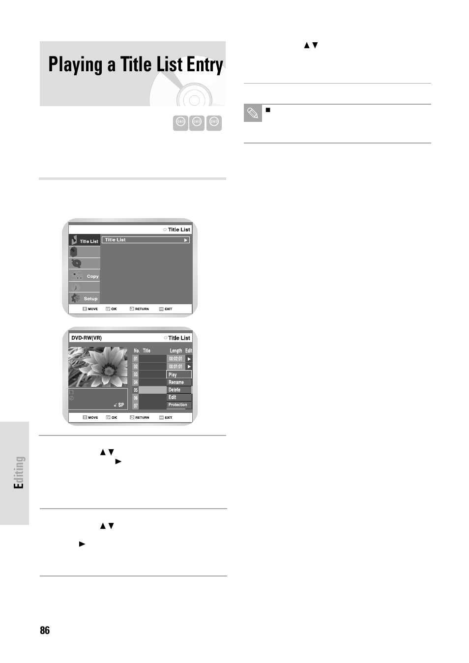 Playing a title list entry, Editing, 86 - english | Toshiba D-VR3SB User Manual | Page 86 / 110