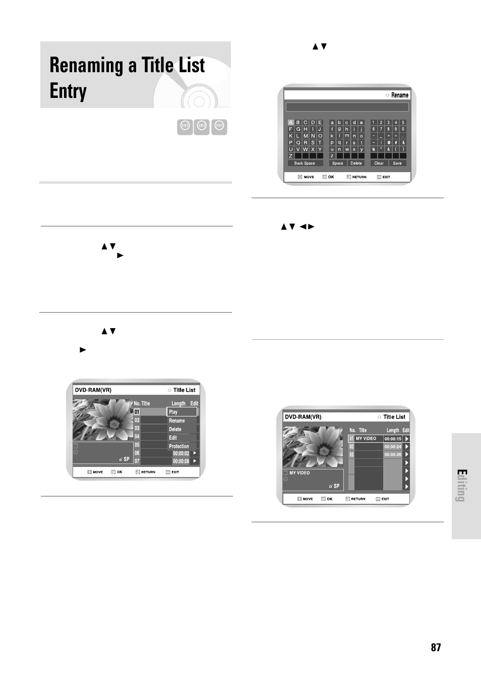 Renaming a title list entry, Editing, English - 87 | Toshiba D-VR3SB User Manual | Page 87 / 110