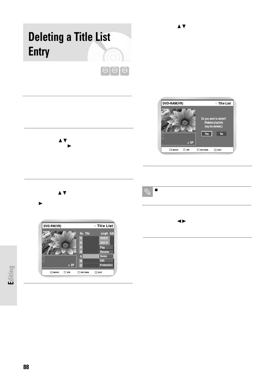 Deleting a title list entry, Editing, 88 - english | Toshiba D-VR3SB User Manual | Page 88 / 110