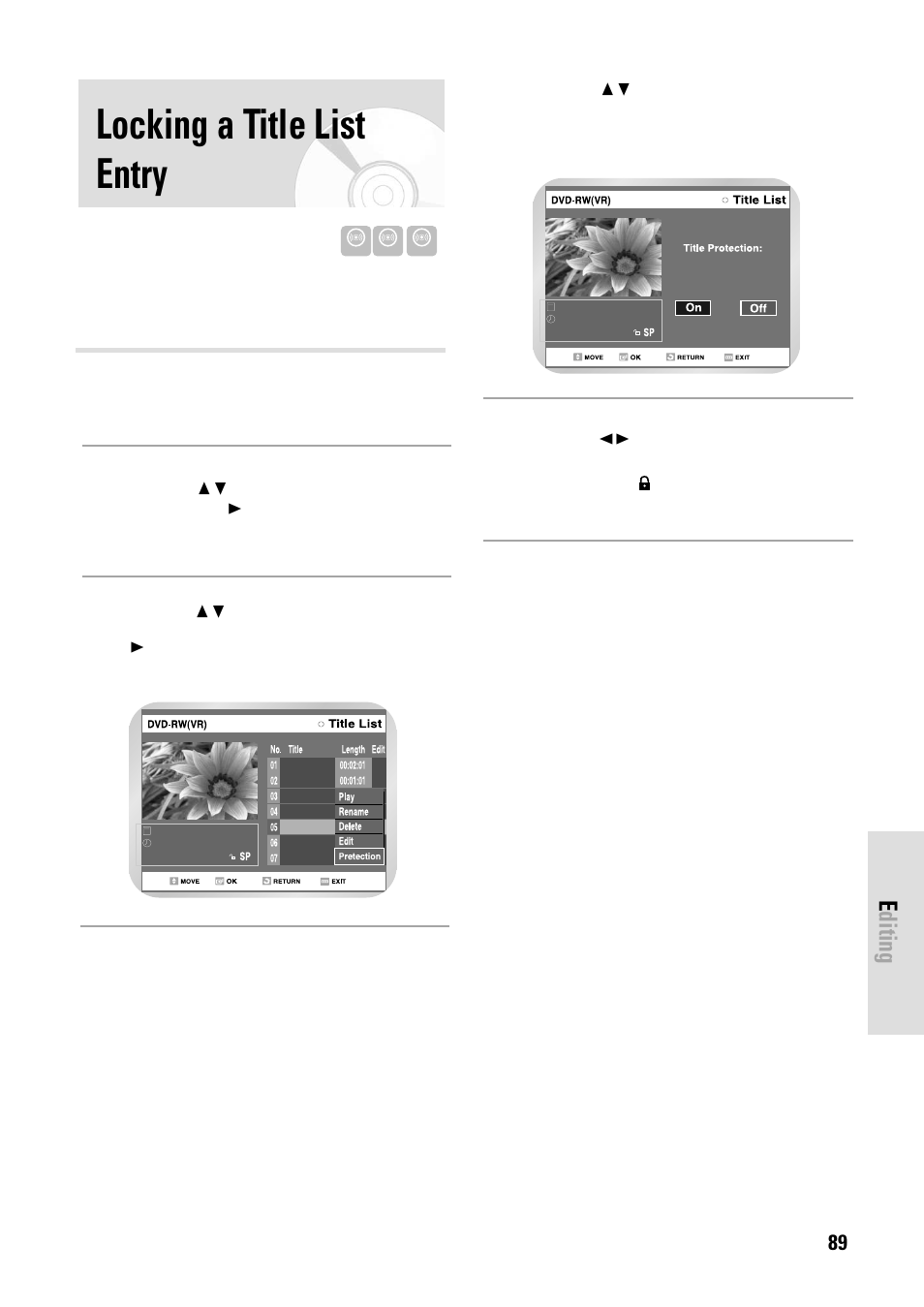 Locking a title list entry, Editing, English - 89 | Toshiba D-VR3SB User Manual | Page 89 / 110