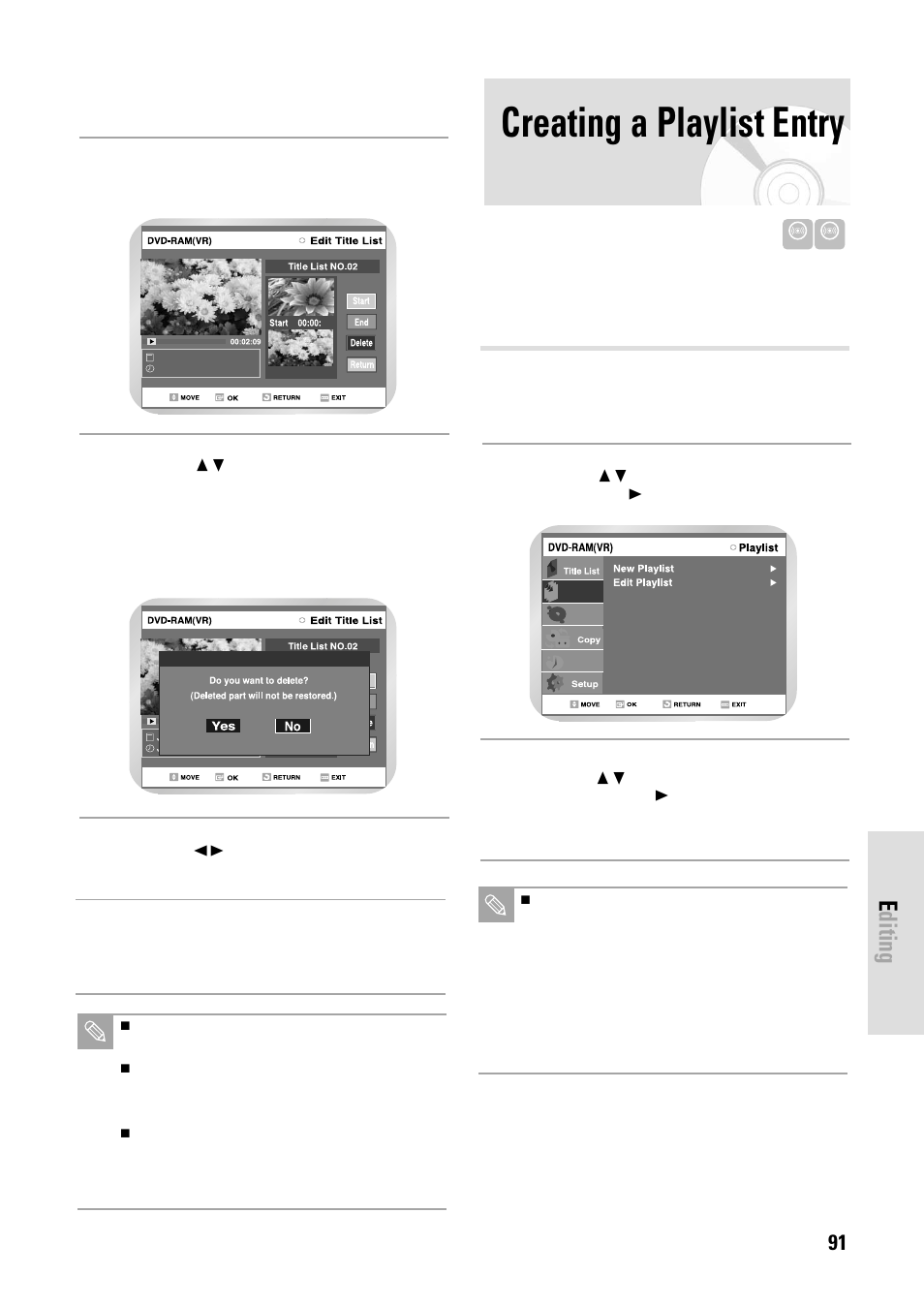 Creating a playlist entry, Editing, English - 91 | Toshiba D-VR3SB User Manual | Page 91 / 110