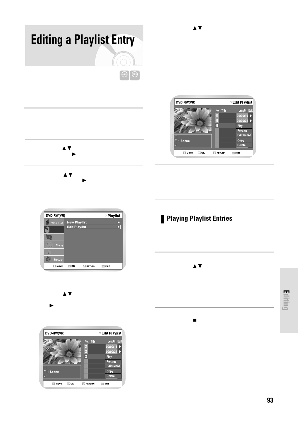 Editing a playlist entry, Editing, English - 93 | Playing playlist entries | Toshiba D-VR3SB User Manual | Page 93 / 110