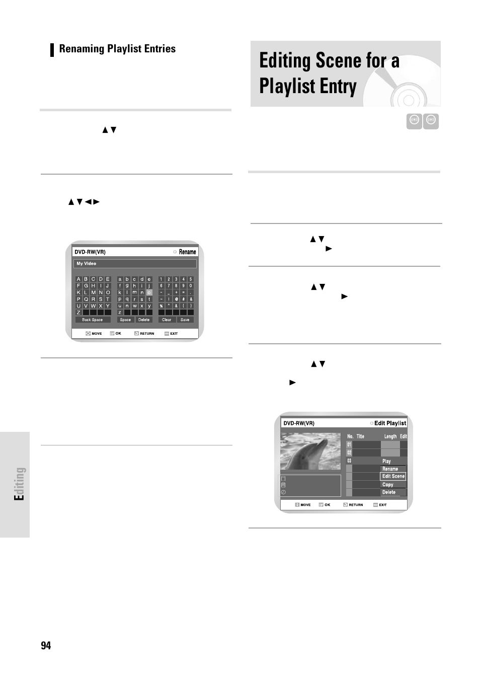 Editing scene for a playlist entry, Editing | Toshiba D-VR3SB User Manual | Page 94 / 110