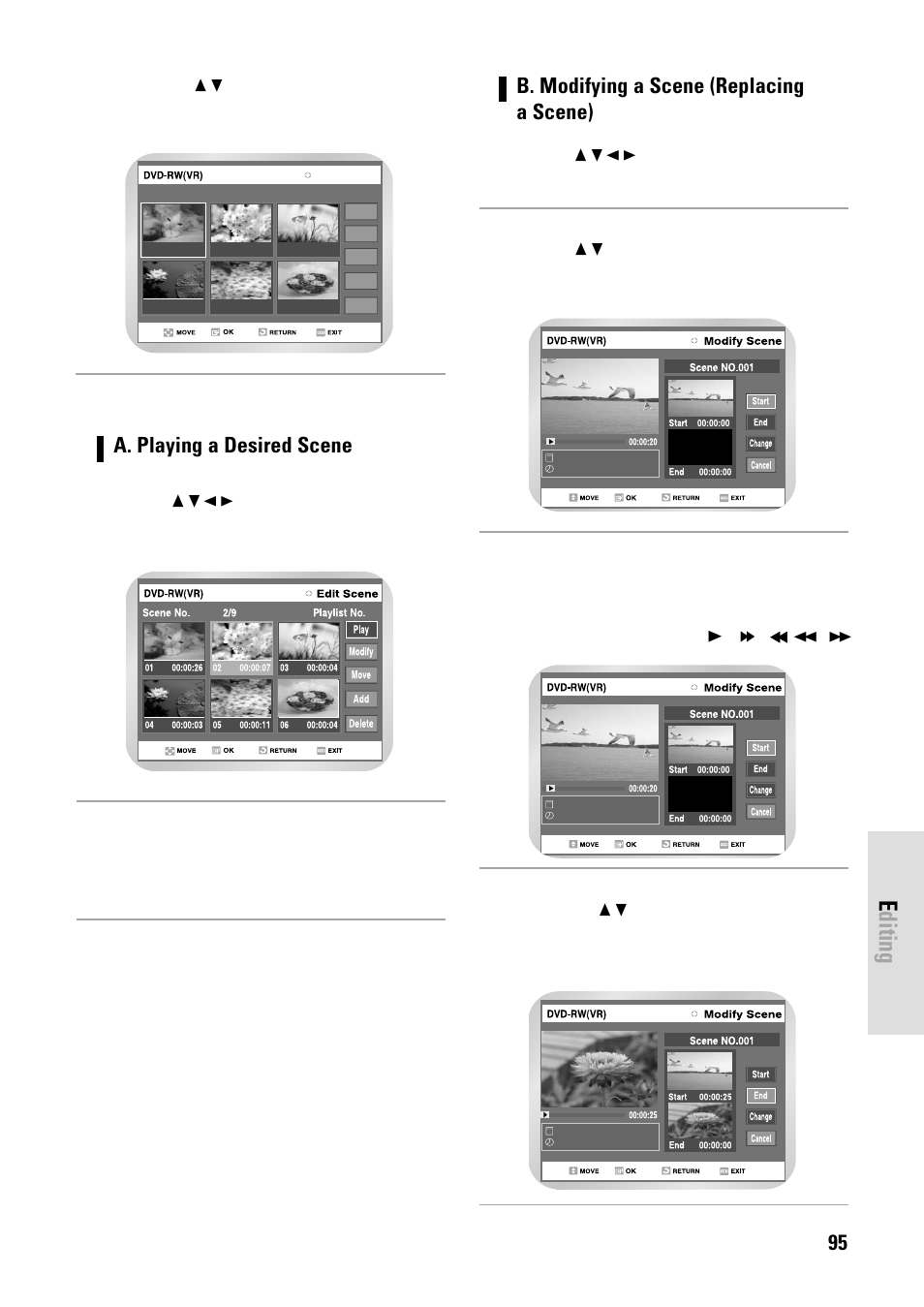 Editing, English - 95, B. modifying a scene (replacing a scene) | A. playing a desired scene | Toshiba D-VR3SB User Manual | Page 95 / 110