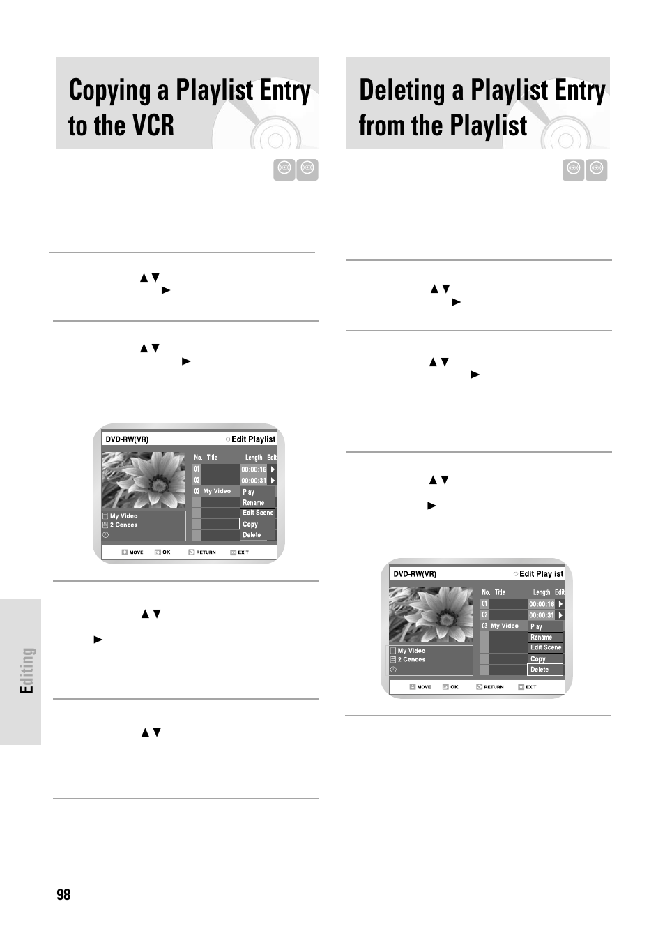 Copying a playlist entry to the vcr, Deleting a playlist entry from the playlist, Editing | Toshiba D-VR3SB User Manual | Page 98 / 110