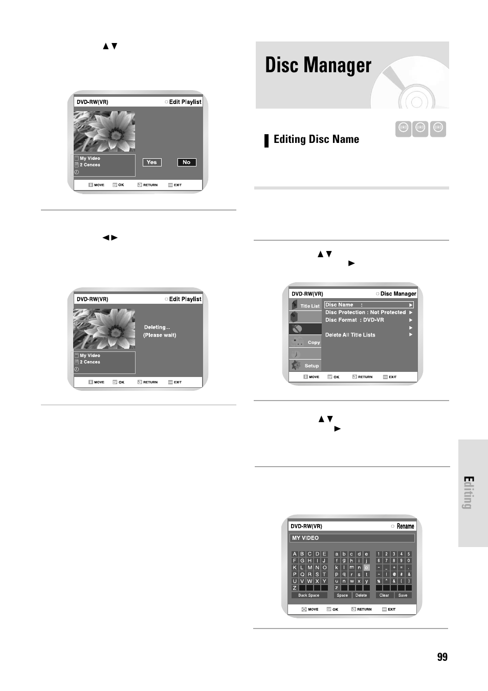 Disc manager, Editing | Toshiba D-VR3SB User Manual | Page 99 / 110