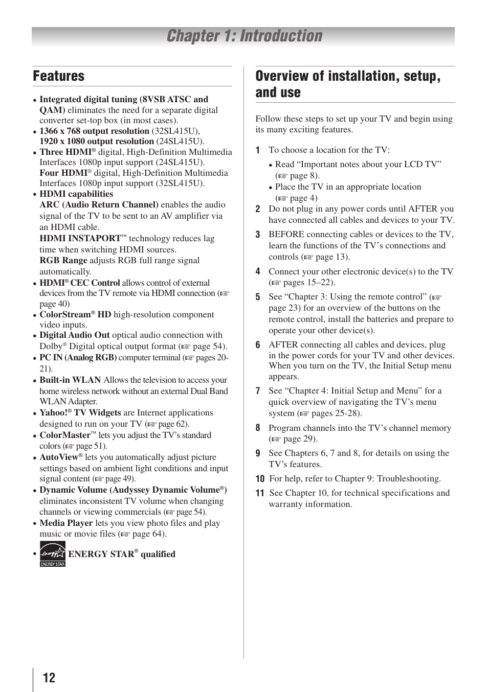 Chapter 1: introduction, Features, Overview of installation, setup, and use | Toshiba 32SL415U User Manual | Page 12 / 92