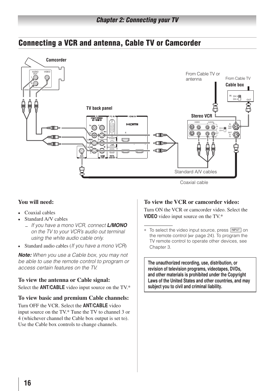 Chapter 2: connecting your tv, You will need, Coaxial cables | Select the ant/cable video input source on the tv | Toshiba 32SL415U User Manual | Page 16 / 92