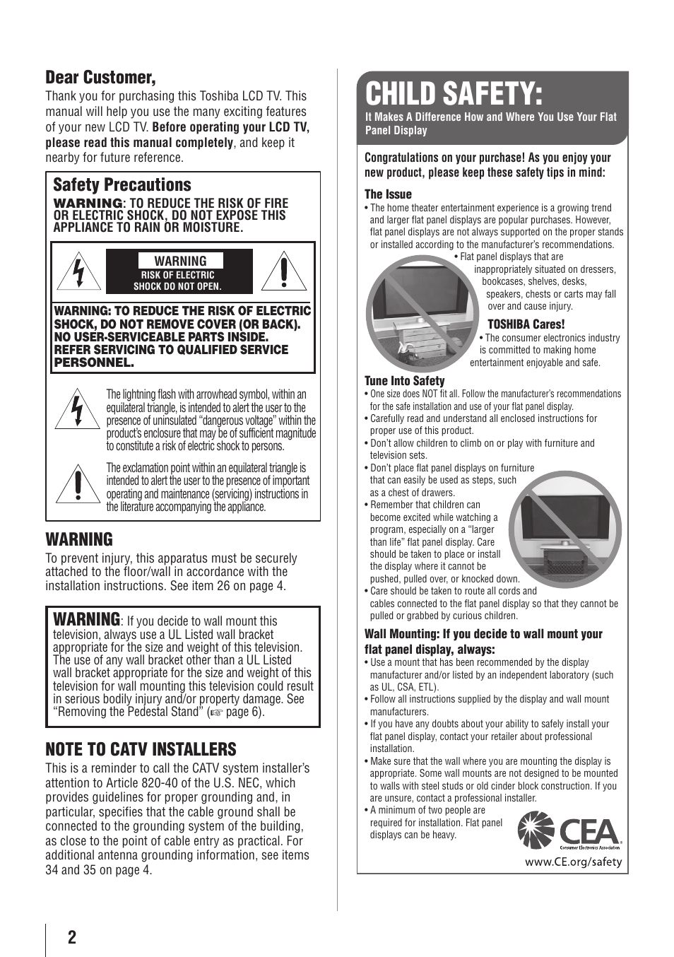 Child safety, 2dear customer, Safety precautions | Warning | Toshiba 32SL415U User Manual | Page 2 / 92