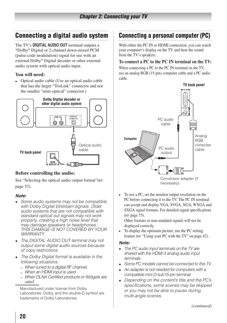 Connecting a digital audio system, Connecting a personal computer (pc), Chapter 2: connecting your tv | Toshiba 32SL415U User Manual | Page 20 / 92