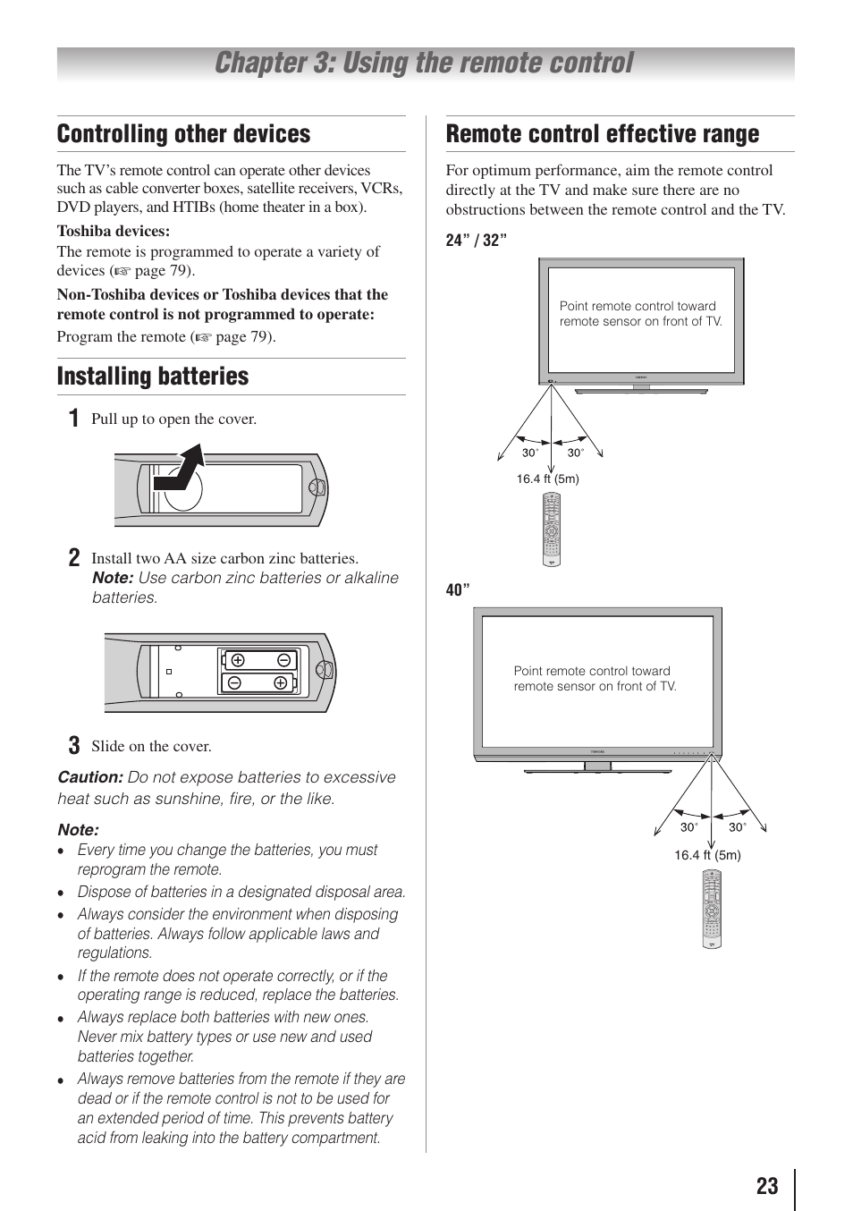 Chapter 3: using the remote control, Controlling other devices, Installing batteries 1無 | Remote control effective range | Toshiba 32SL415U User Manual | Page 23 / 92