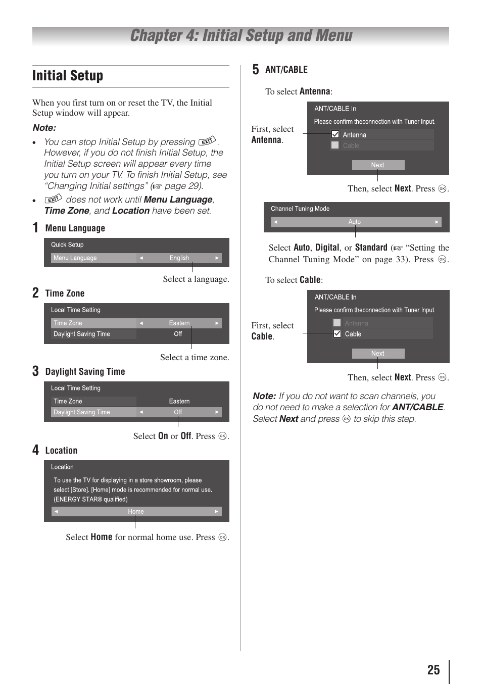 Chapter 4: initial setup and menu, Initial setup | Toshiba 32SL415U User Manual | Page 25 / 92