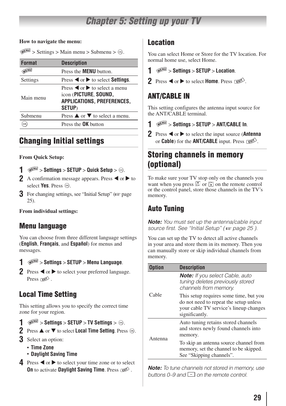 Chapter 5: setting up your tv, Changing initial settings, Menu language | Local time setting, Location, Ant/cable in, Auto tuning | Toshiba 32SL415U User Manual | Page 29 / 92