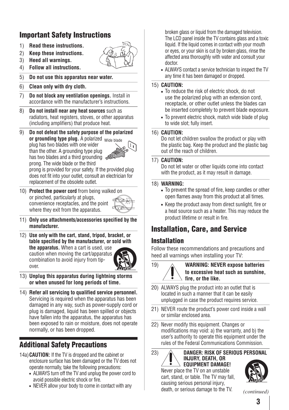 Installation, care, and service, Important safety instructions, Additional safety precautions | Installation | Toshiba 32SL415U User Manual | Page 3 / 92