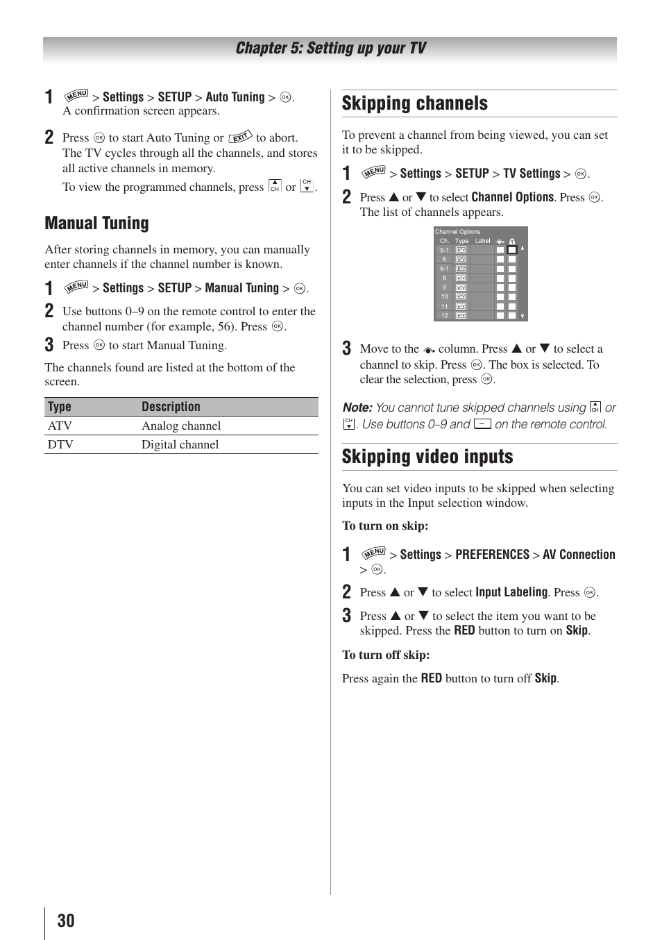 Skipping channels, Skipping video inputs, Manual tuning | Toshiba 32SL415U User Manual | Page 30 / 92