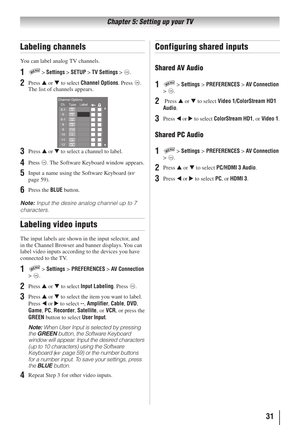 Labeling channels, Labeling video inputs, Configuring shared inputs | Toshiba 32SL415U User Manual | Page 31 / 92