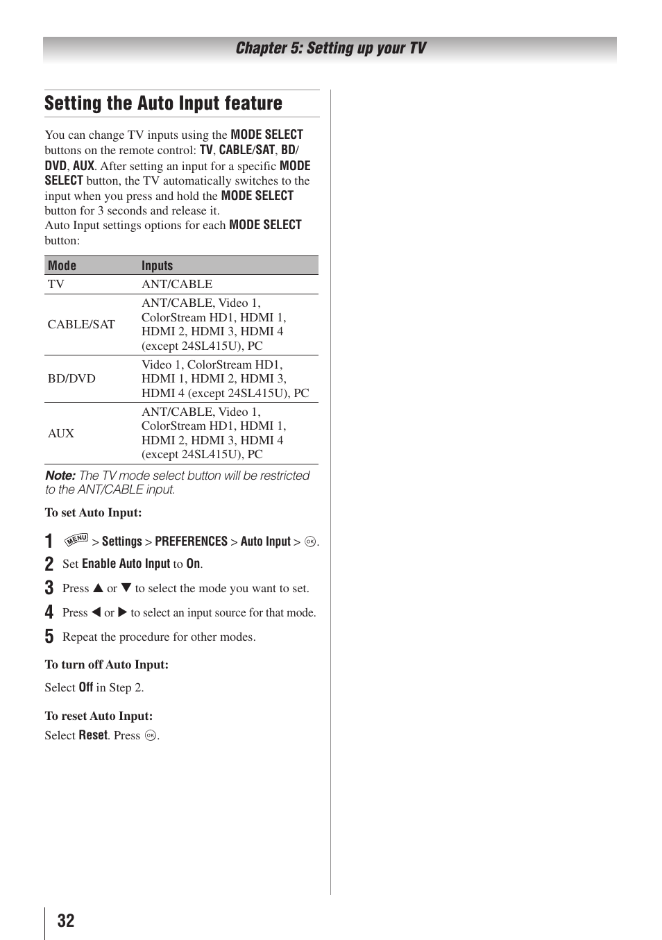 Setting the auto input feature | Toshiba 32SL415U User Manual | Page 32 / 92