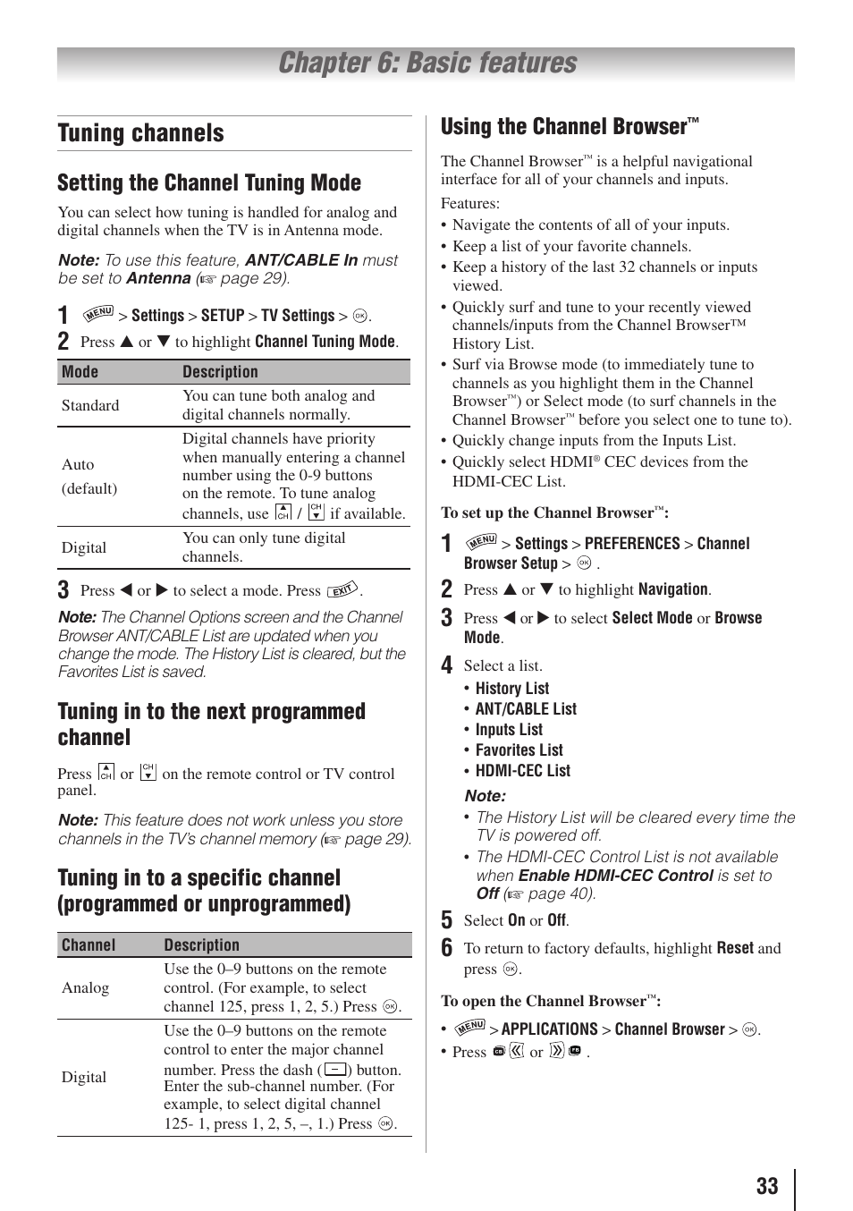 Chapter 6: basic features, Tuning channels, Setting the channel tuning mode | Tuning in to the next programmed channel, Using the channel browser | Toshiba 32SL415U User Manual | Page 33 / 92