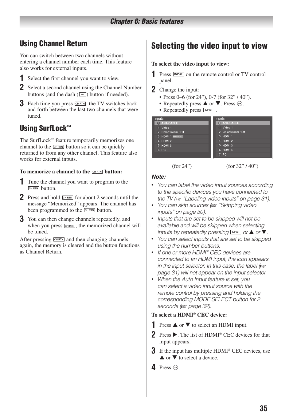 Selecting the video input to view, 35 using channel return, Using surflock | Toshiba 32SL415U User Manual | Page 35 / 92