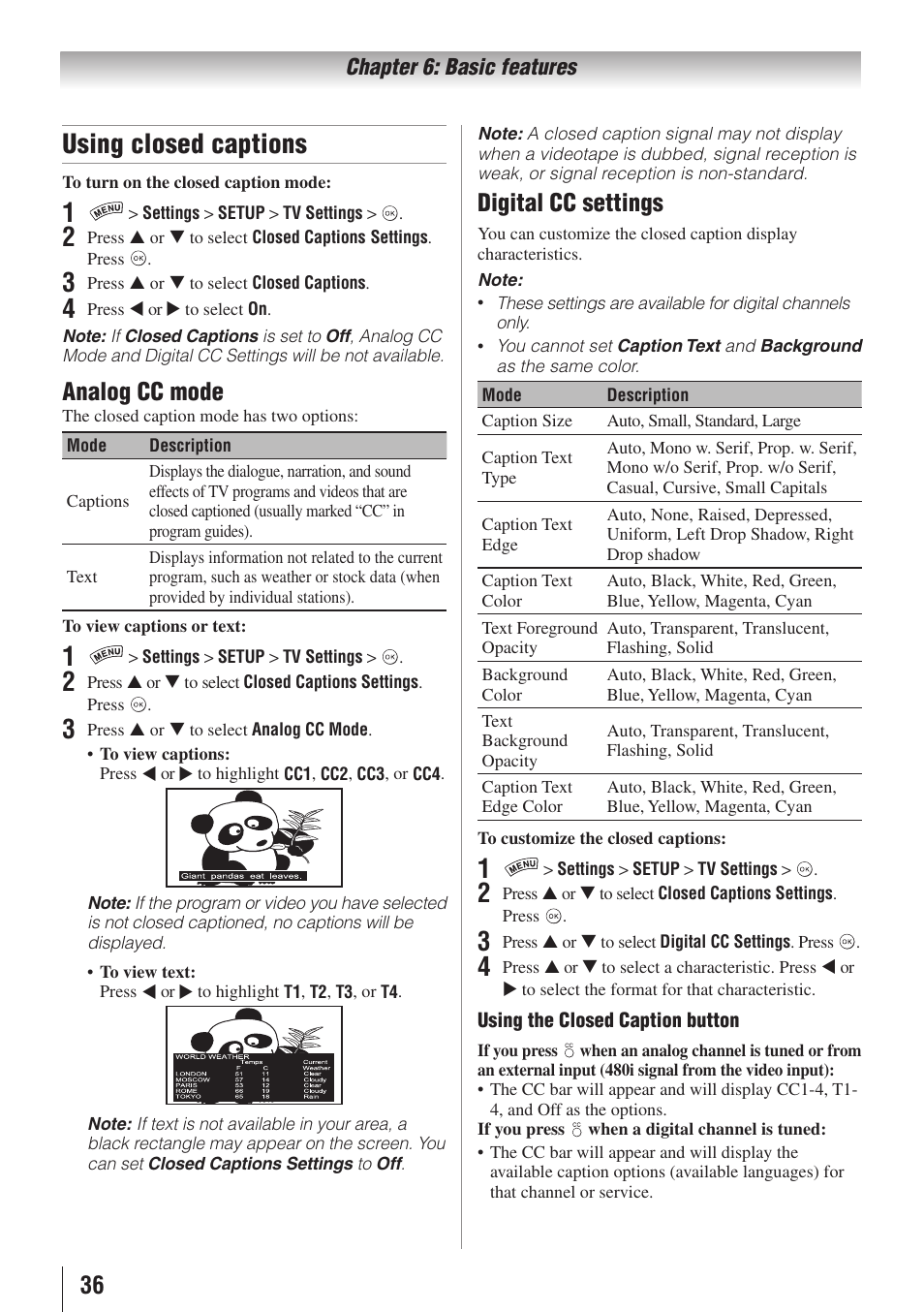 Using closed captions, Analog cc mode, Digital cc settings | Toshiba 32SL415U User Manual | Page 36 / 92