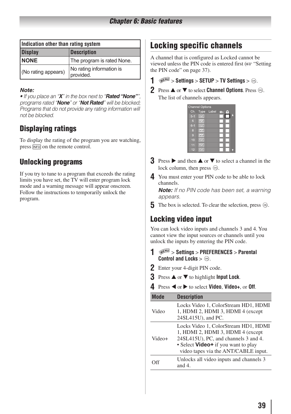 Locking specific channels, Displaying ratings, Unlocking programs | Locking video input | Toshiba 32SL415U User Manual | Page 39 / 92