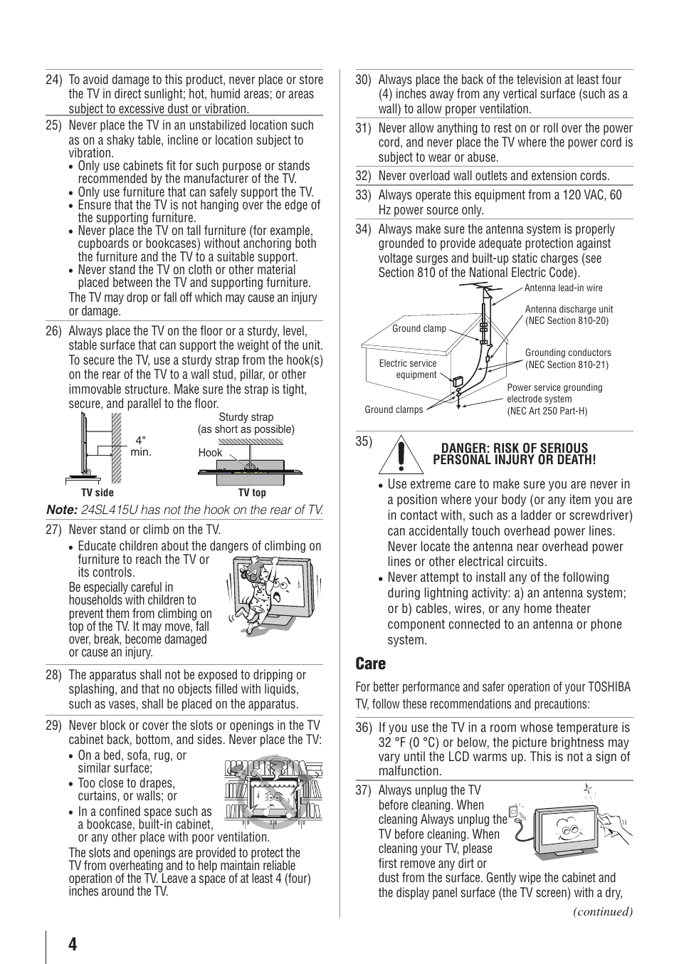 Care | Toshiba 32SL415U User Manual | Page 4 / 92