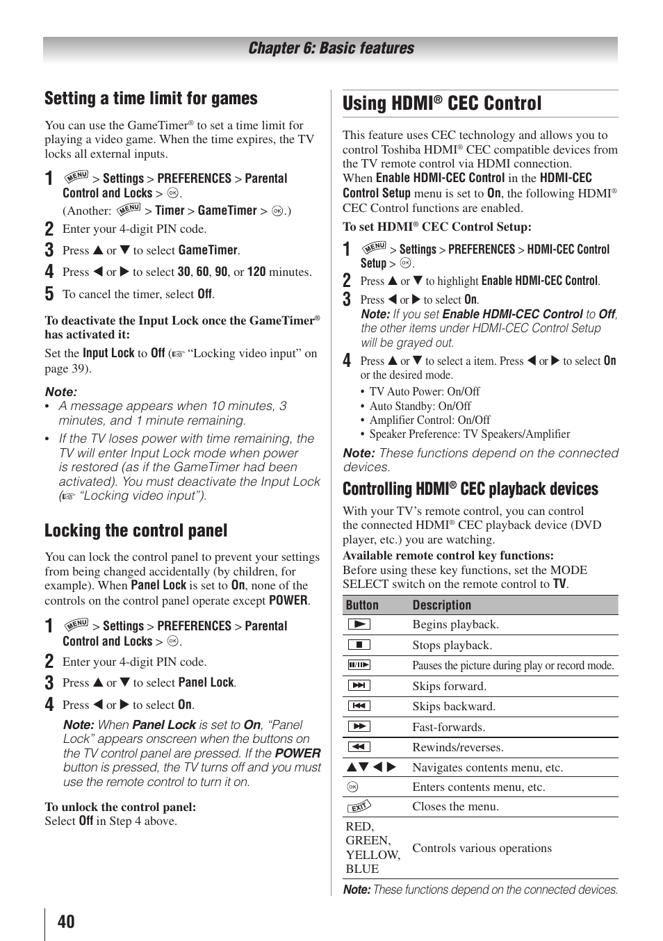 Using hdmi, Cec control, 40 setting a time limit for games | Locking the control panel, Controlling hdmi, Cec playback devices | Toshiba 32SL415U User Manual | Page 40 / 92