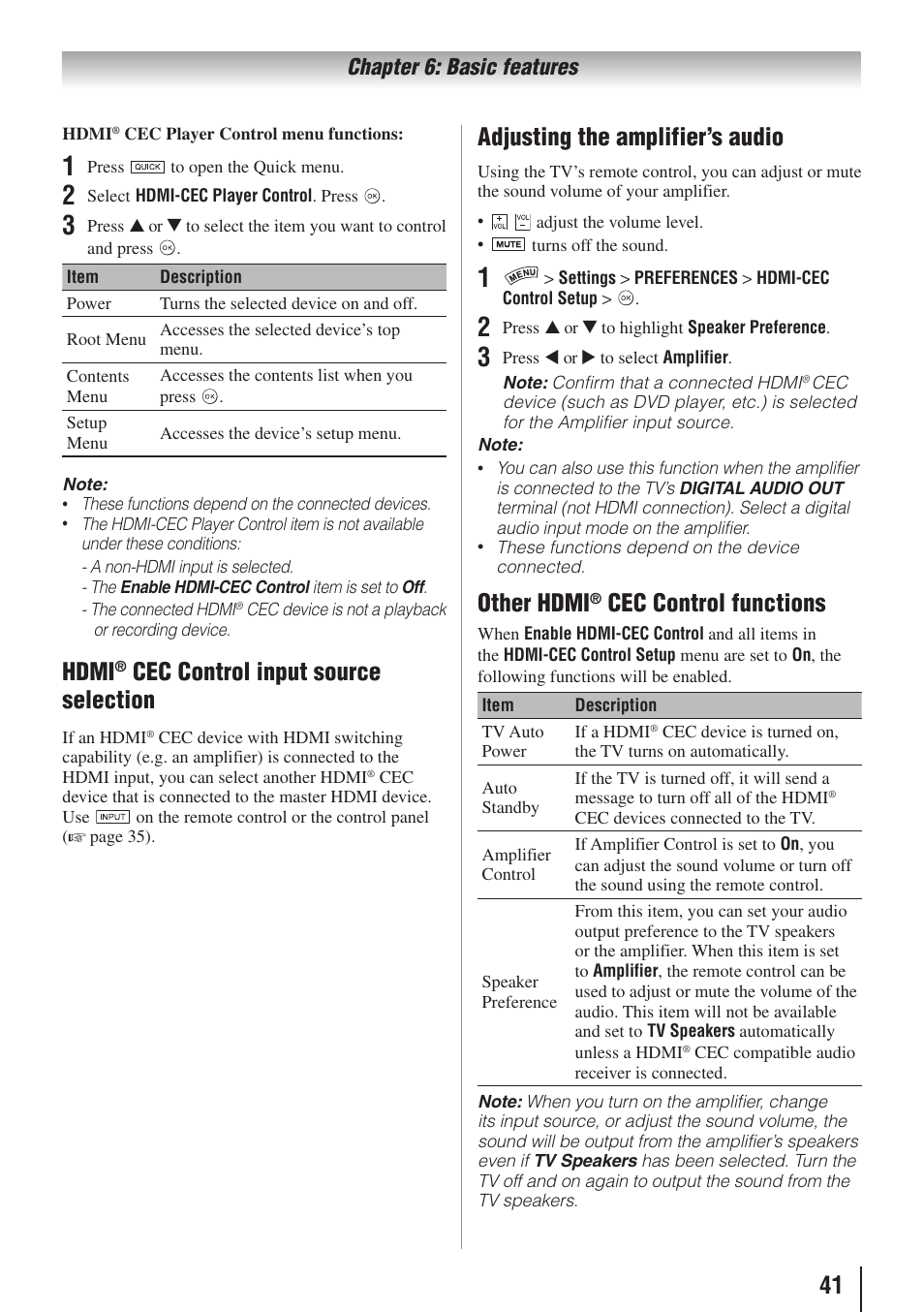 Hdmi, Cec control input source selection, Adjusting the amplifier’s audio | Other hdmi, Cec control functions, Chapter 6: basic features | Toshiba 32SL415U User Manual | Page 41 / 92