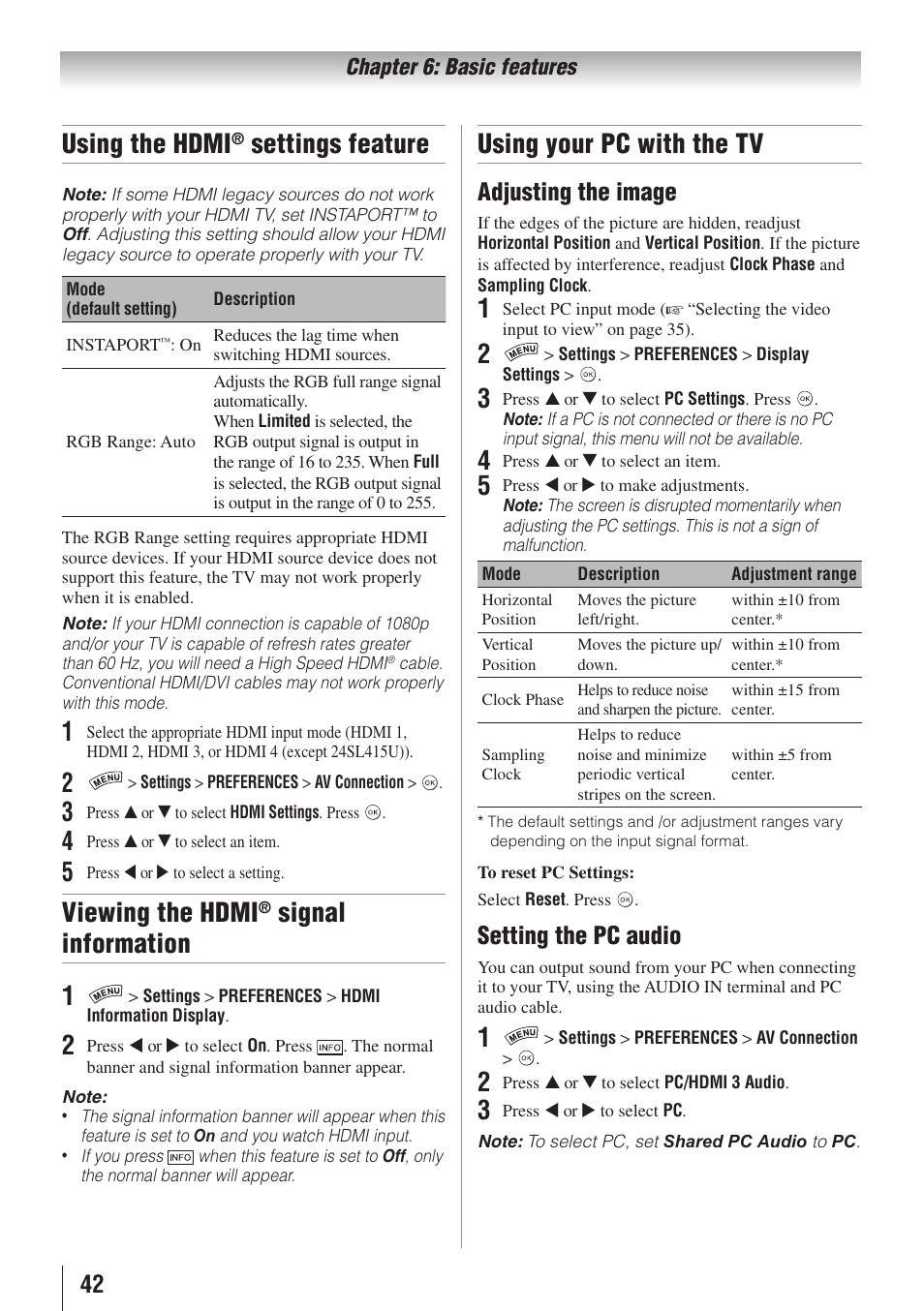 Using the hdmi, Settings feature, Viewing the hdmi | Signal information 1無, Using your pc with the tv, Adjusting the image, Setting the pc audio | Toshiba 32SL415U User Manual | Page 42 / 92