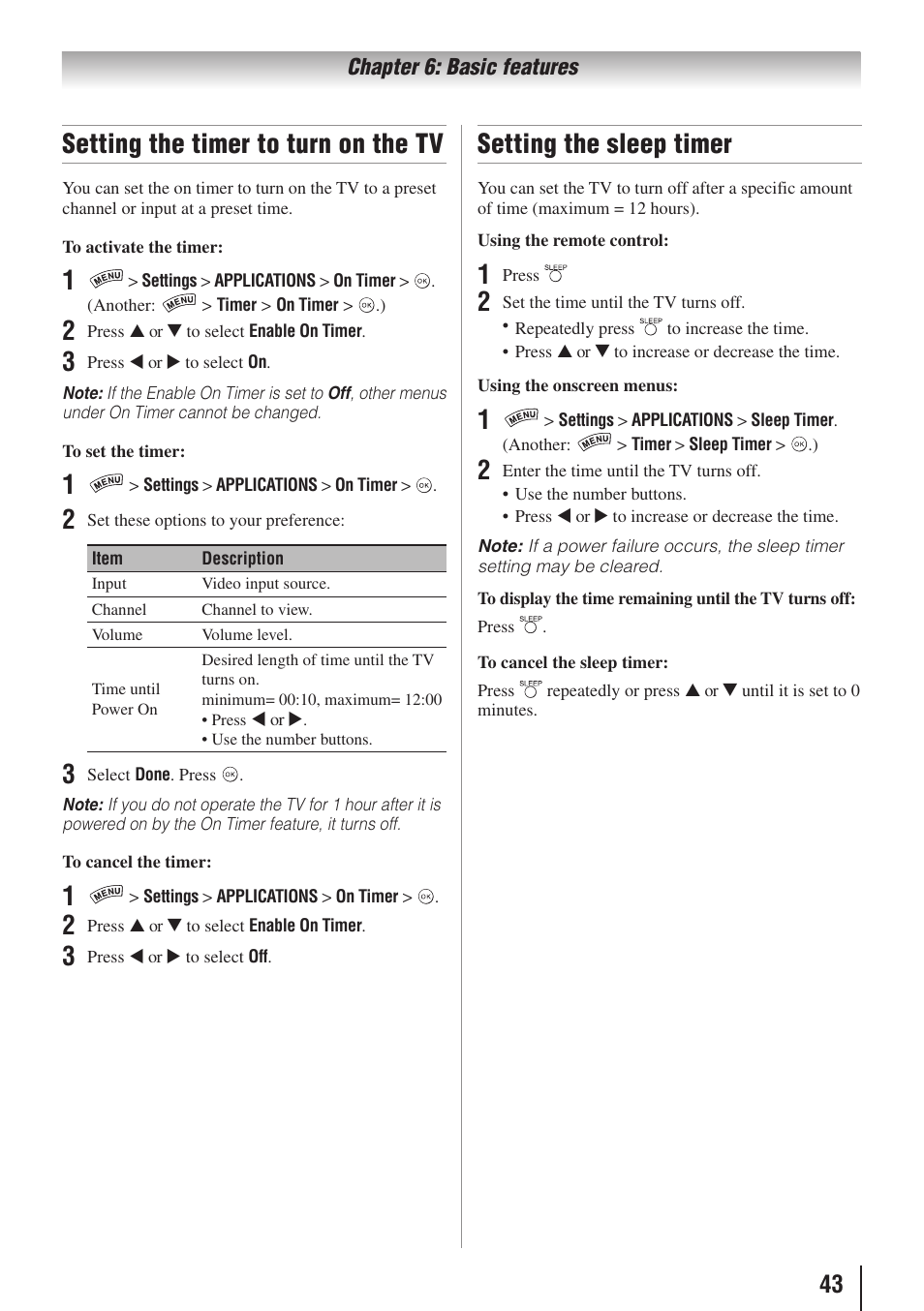 Setting the timer to turn on the tv, Setting the sleep timer | Toshiba 32SL415U User Manual | Page 43 / 92