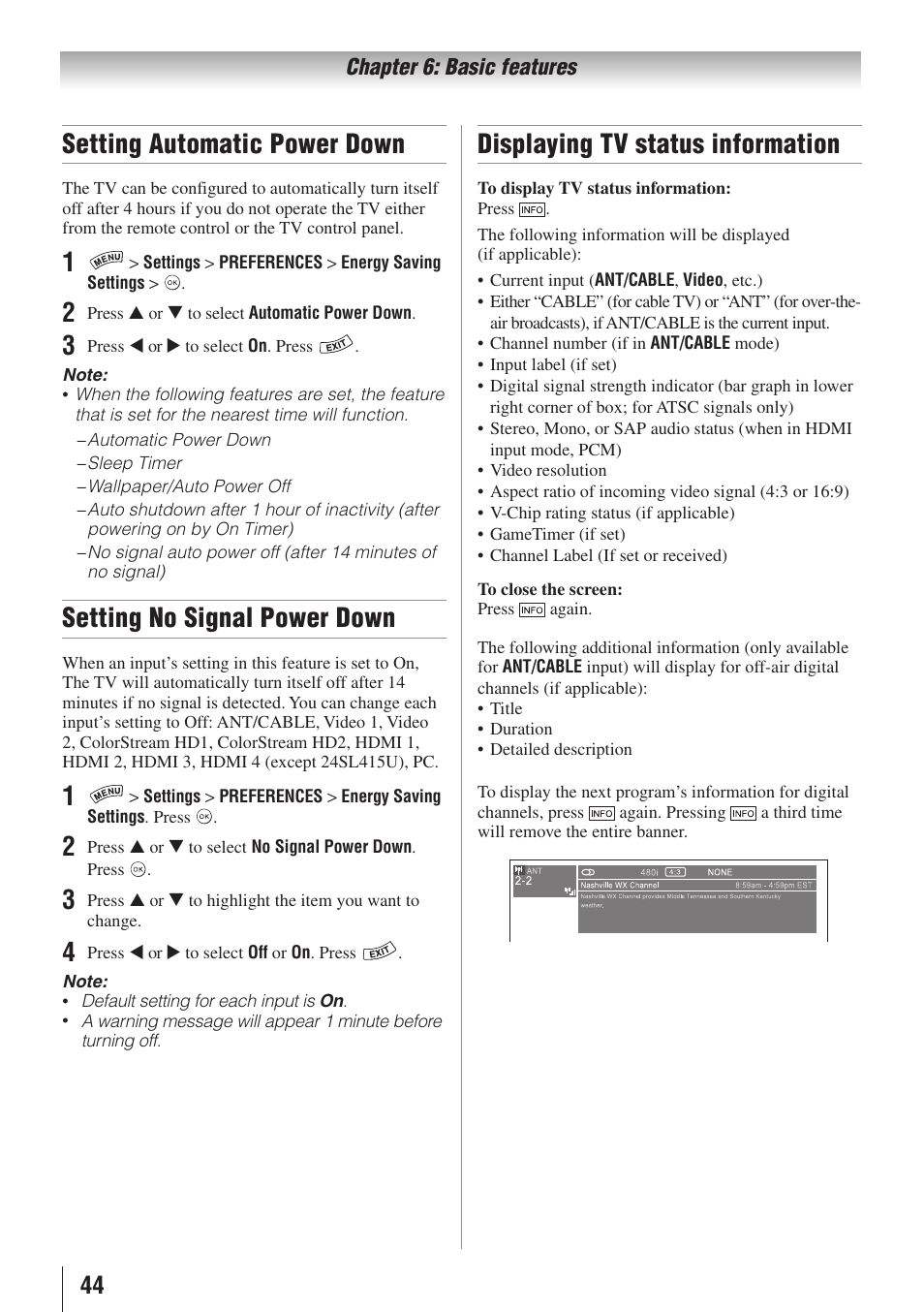 Setting automatic power down, Setting no signal power down, Displaying tv status information | Toshiba 32SL415U User Manual | Page 44 / 92