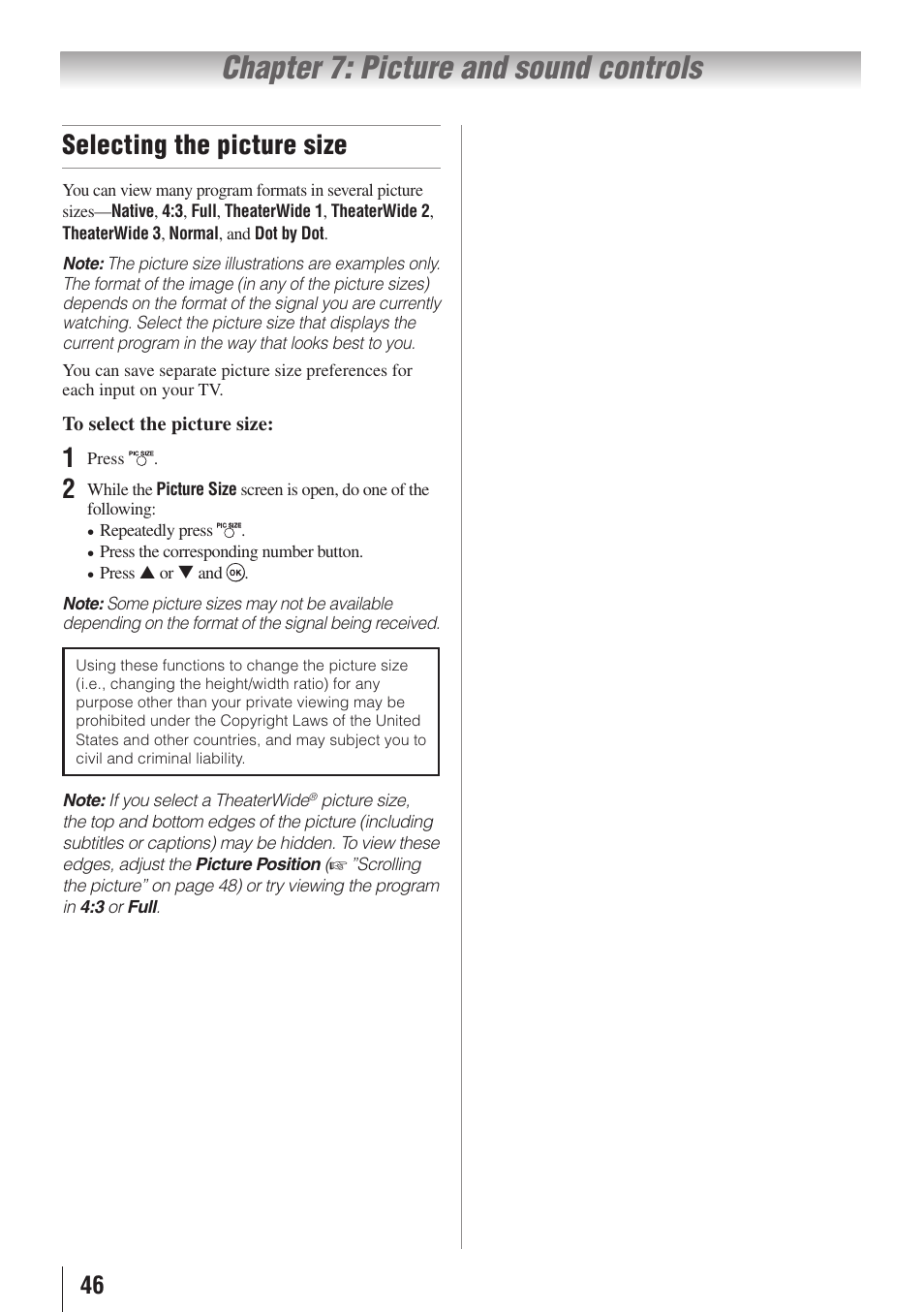 Chapter 7: picture and sound controls, Selecting the picture size | Toshiba 32SL415U User Manual | Page 46 / 92