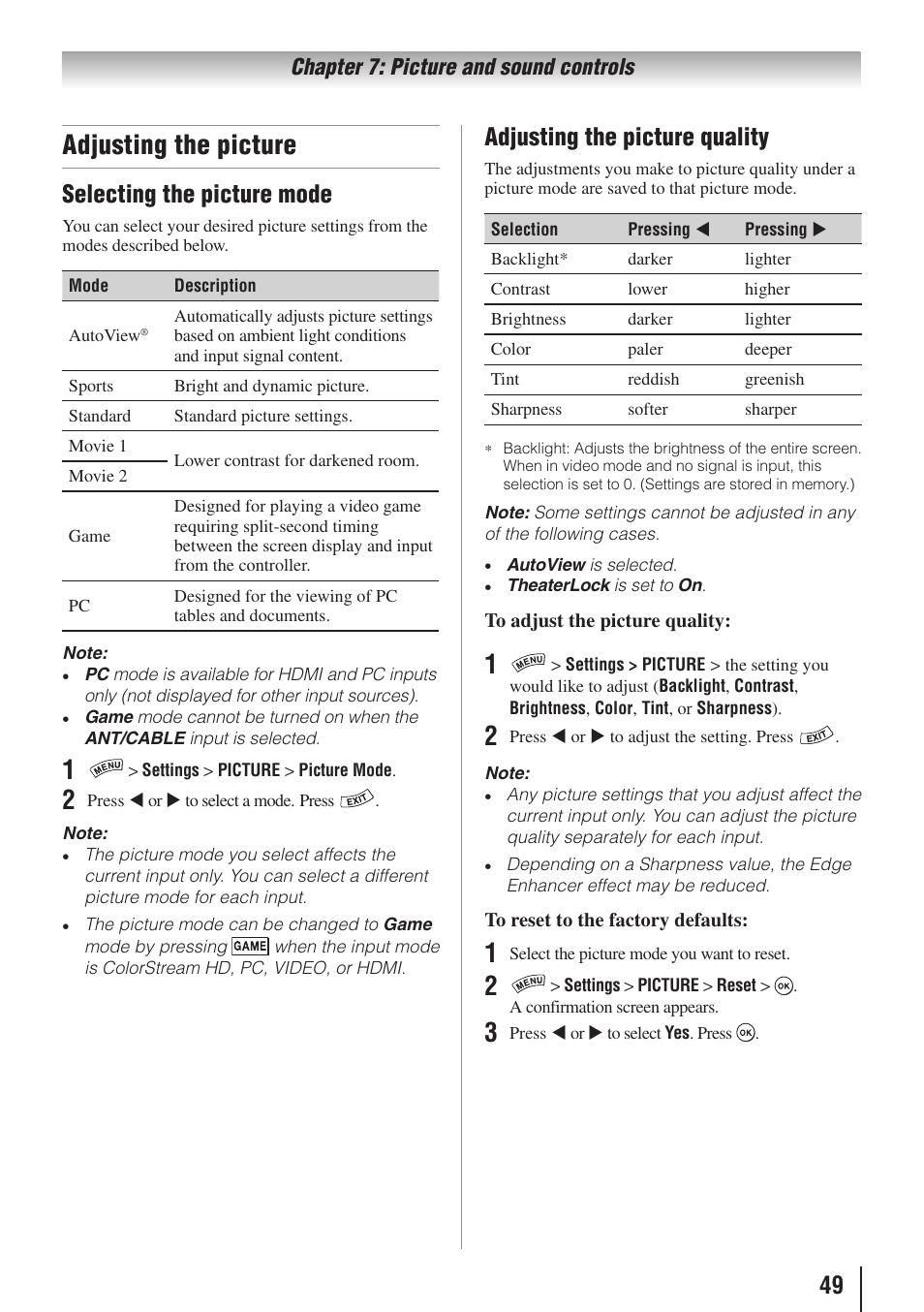 Adjusting the picture, Selecting the picture mode, Adjusting the picture quality | Toshiba 32SL415U User Manual | Page 49 / 92