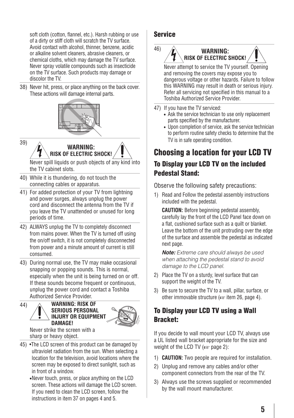 Choosing a location for your lcd tv, Service | Toshiba 32SL415U User Manual | Page 5 / 92