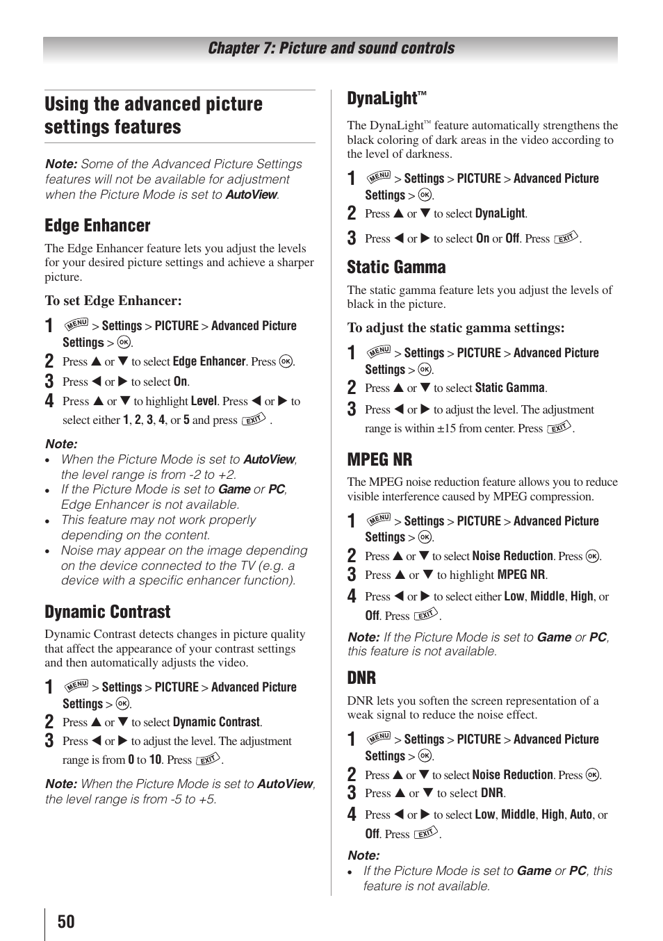 Using the advanced picture settings features, Edge enhancer, Dynamic contrast | Dynalight, Static gamma, Mpeg nr | Toshiba 32SL415U User Manual | Page 50 / 92