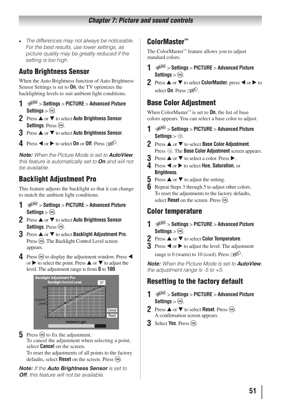 Auto brightness sensor, Backlight adjustment pro, Colormaster | Base color adjustment, Color temperature, Resetting to the factory default | Toshiba 32SL415U User Manual | Page 51 / 92