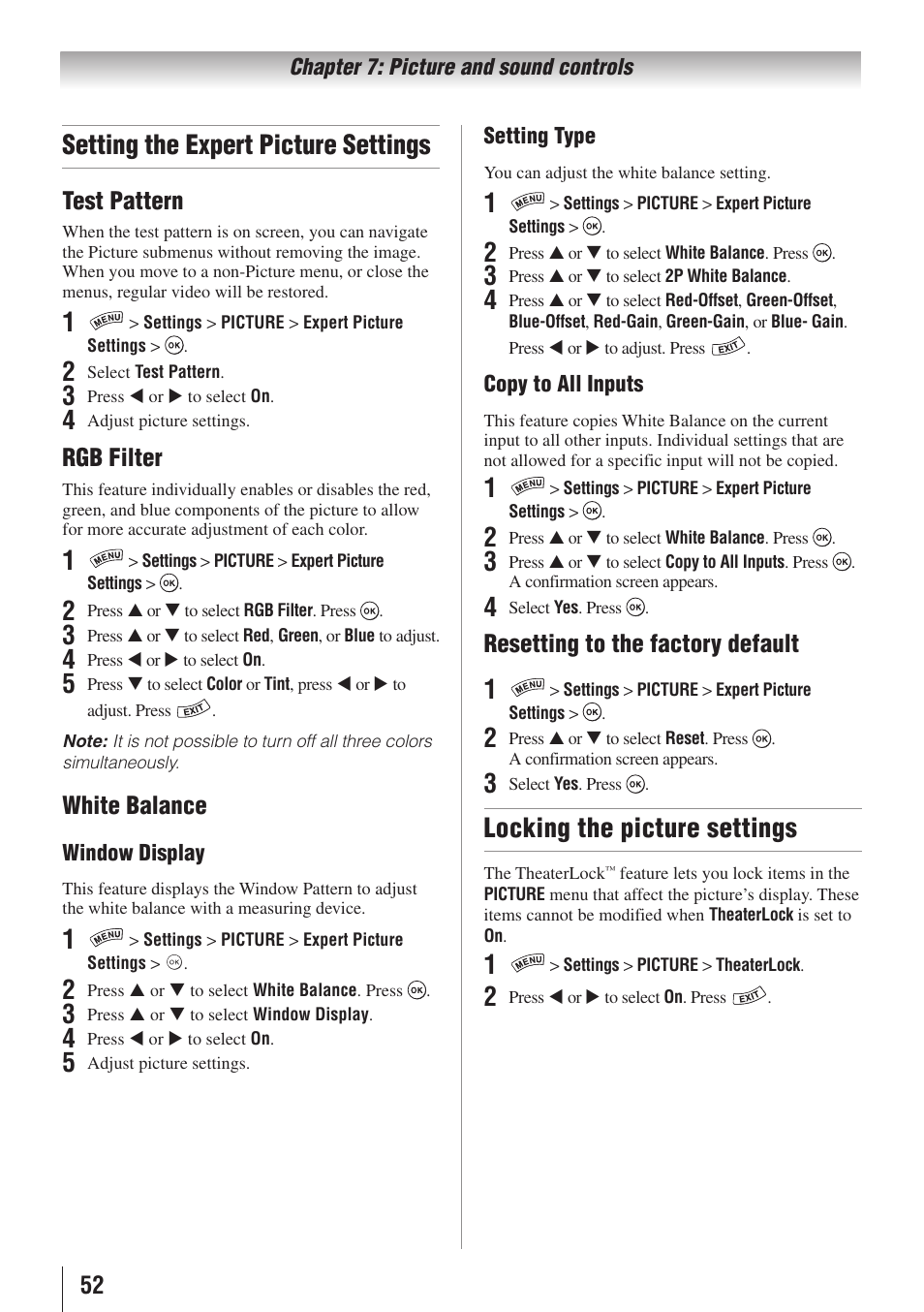 Setting the expert picture settings, Locking the picture settings, Test pattern | Rgb filter, White balance, Resetting to the factory default | Toshiba 32SL415U User Manual | Page 52 / 92