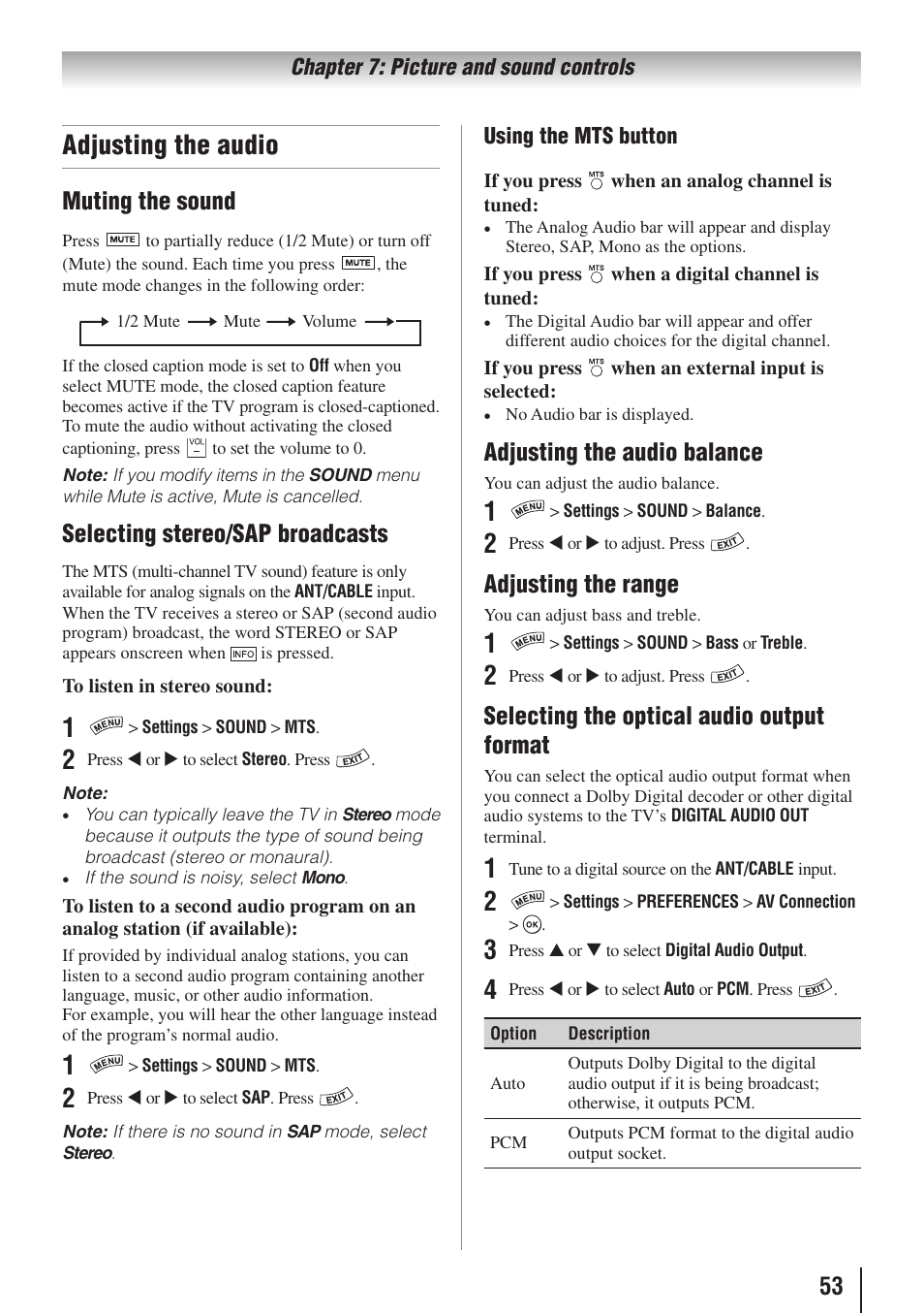 Adjusting the audio, Muting the sound, Selecting stereo/sap broadcasts | Adjusting the audio balance, Adjusting the range, Selecting the optical audio output format | Toshiba 32SL415U User Manual | Page 53 / 92