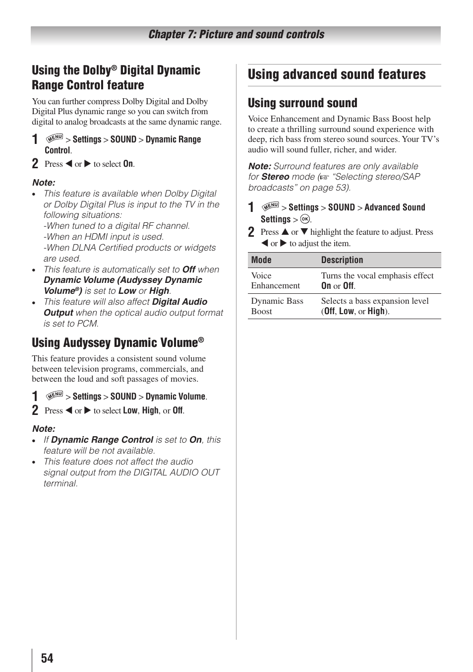 Using advanced sound features, 54 using the dolby, Digital dynamic range control feature | Using audyssey dynamic volume, Using surround sound | Toshiba 32SL415U User Manual | Page 54 / 92