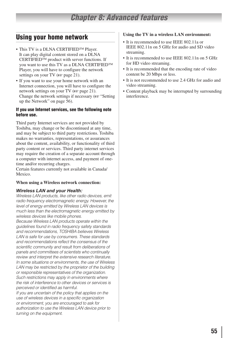 Chapter 8: advanced features, Using your home network | Toshiba 32SL415U User Manual | Page 55 / 92