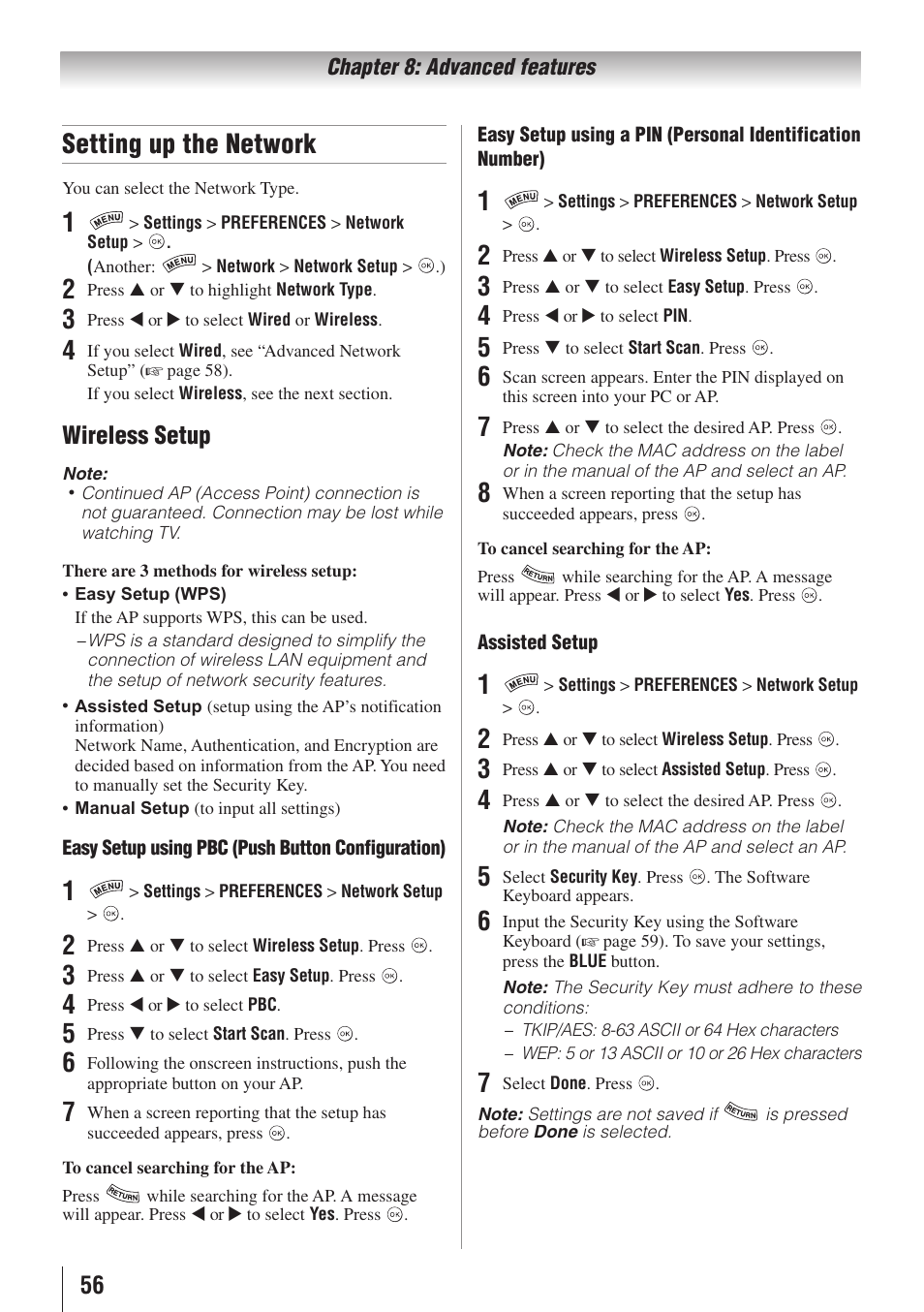 Setting up the network, Wireless setup | Toshiba 32SL415U User Manual | Page 56 / 92