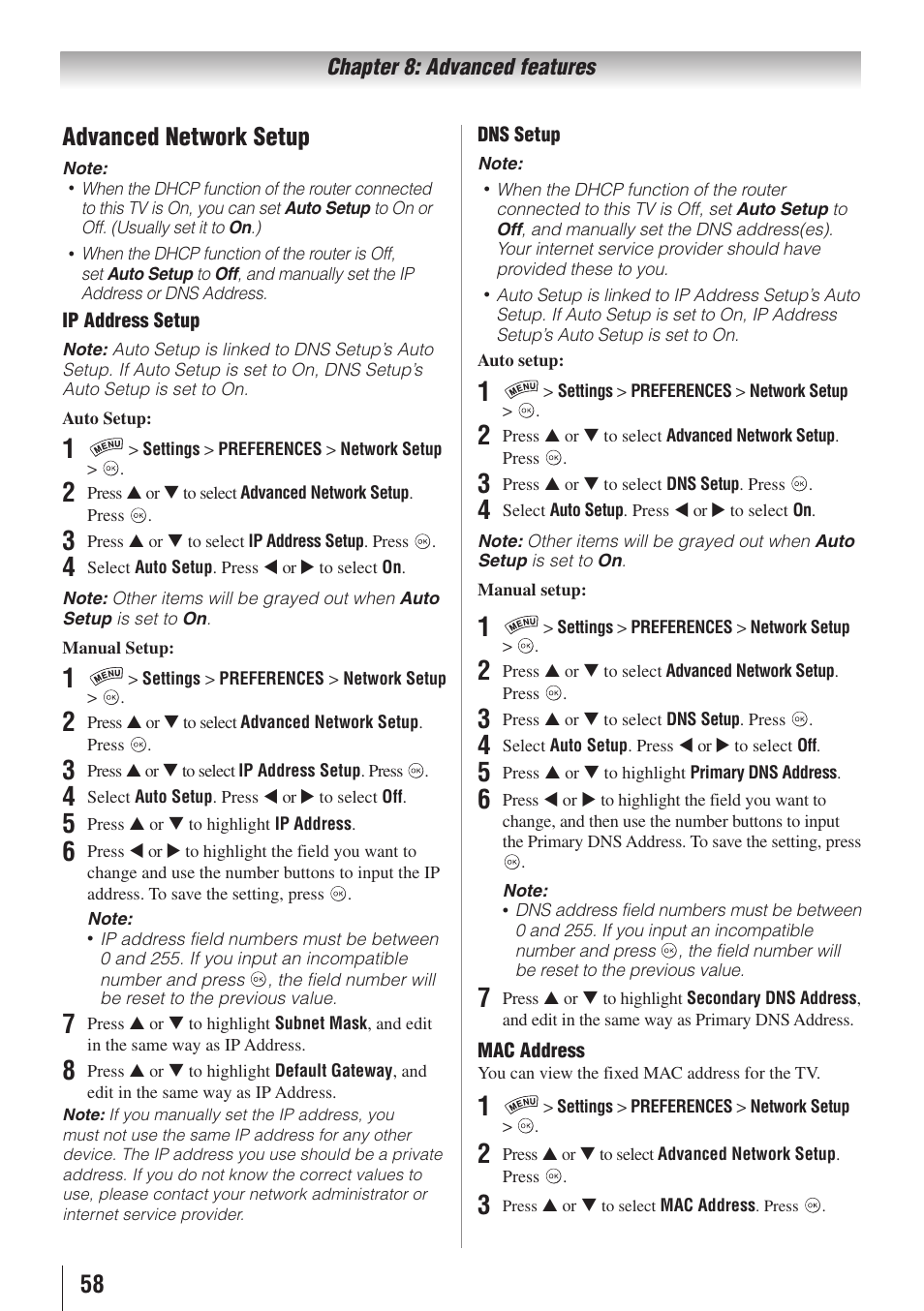 58 advanced network setup | Toshiba 32SL415U User Manual | Page 58 / 92