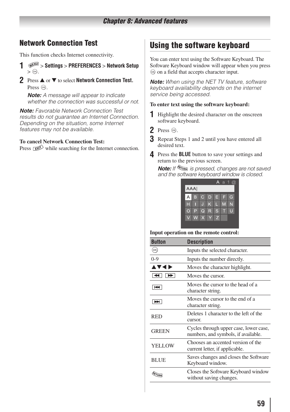 Using the software keyboard, 59 network connection test, Chapter 8: advanced features | Toshiba 32SL415U User Manual | Page 59 / 92